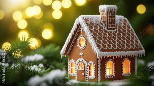 Cozy gingerbread house on snowy pine branches with warm lights