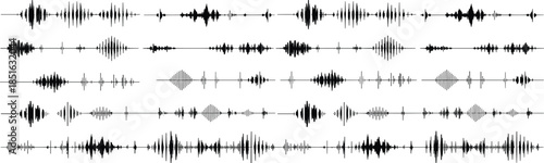 Audio waveform icon set, black sound wave shapes, speech signal patterns, amplitude frequency lines, flat vector illustration