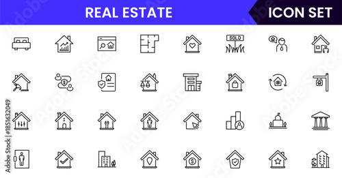 Modern vector web line icons depicting real estate, properties, homes, keys, agents, and investments for housing and property management