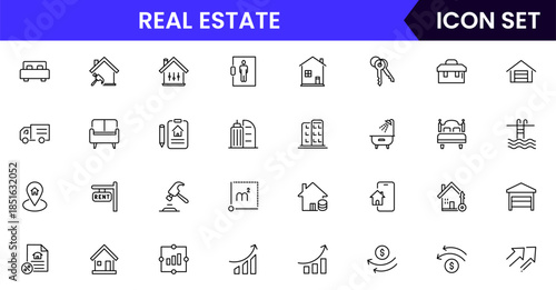 Modern vector web line icons depicting real estate, properties, homes, keys, agents, and investments for housing and property management