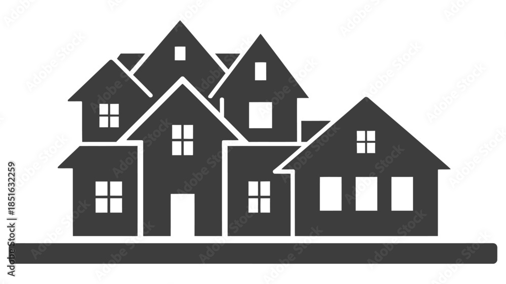 Fototapeta premium Silhouette graphic illustrating a cluster of varied residential homes and community housing symbols