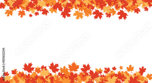 Autumn-themed frame or border made of falling orange and red maple leaves at the top and bottom on a clean white background.