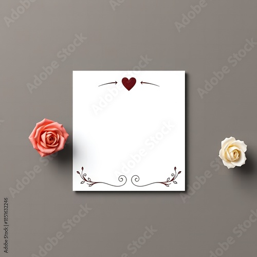 Empty white paper with decorative heart and floral border flanking roses on gray background