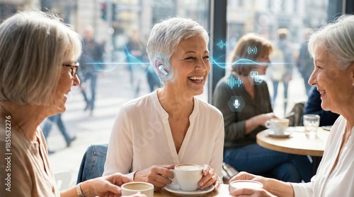 Happy Senior Woman Wearing Futuristic AI Smart Earbuds with Holographic Sound Wave Filtering Overlay in Cafe. Concept for Modern Hearing Aid Technology, Noise Cancellation and Social Connection
