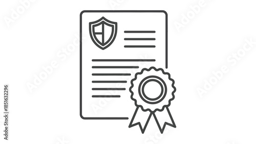 Line art icon of a certified document with security shield and award ribbon seal