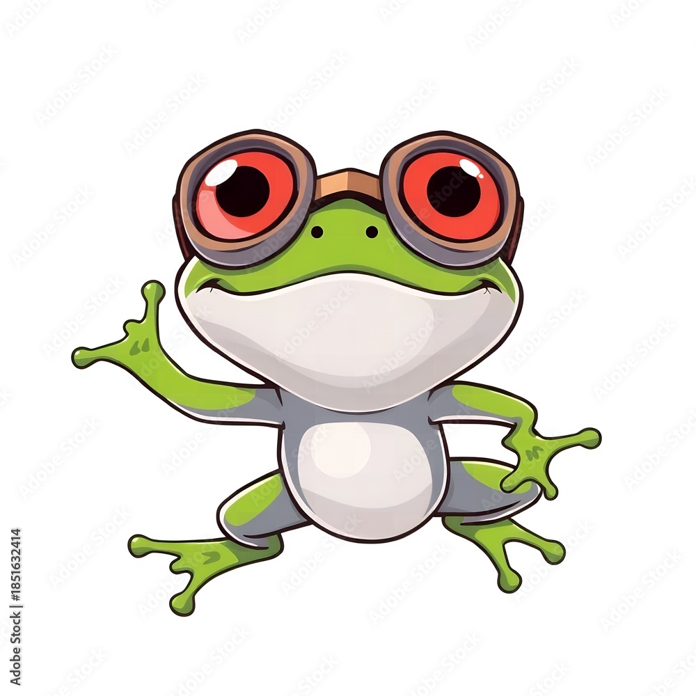 Obraz premium A cartoon green frog wearing vintage pilot goggles and waving happily Animal Happy