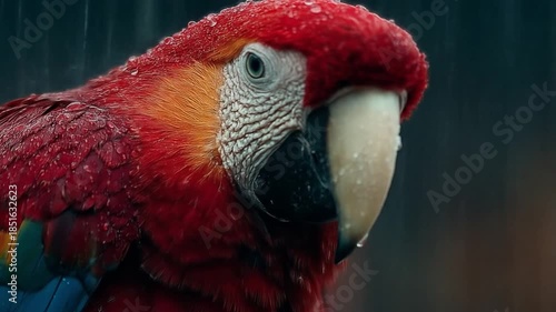 Vibrant red parrot close up in rain exotic bird portrait