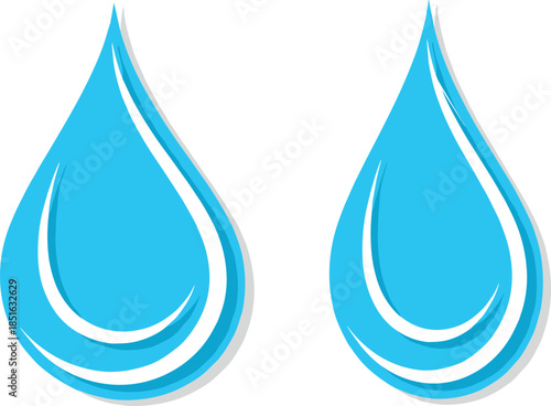 Set of Simple Blue Water Drop Icons with Shadow for Pure Mineral Water Branding and Hydration Graphic Design.