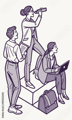 Three businesswomen collaborating one looking through a telescope symbolizing teamwork and future vision.