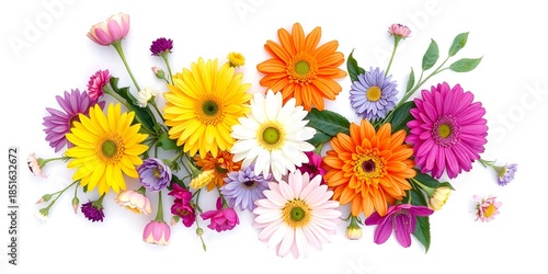A colorful arrangement of gerbera daisies and aster flowers with green leaves on a white background