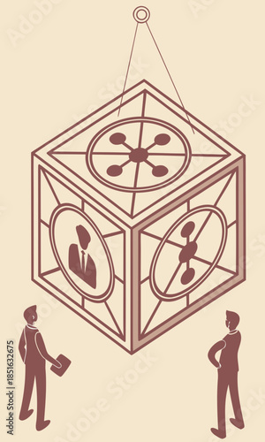 Two businessmen observe a suspended cube with various symbols representing complex business challenges and solutions.