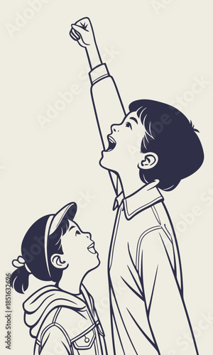Two children looking up with one raising a fist in a gesture of hope and aspiration.