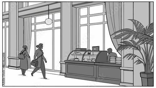 Two people walking past a counter in a modern building.