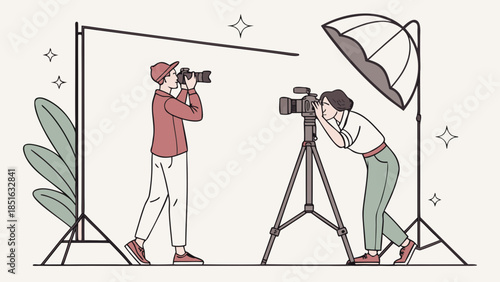 Two photographers capturing images in a professional studio setting with lighting equipment.