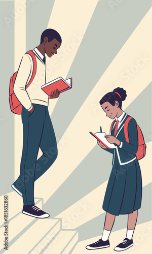 Two students with backpacks studying on stairs.