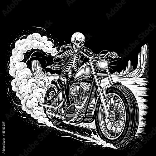 Skeleton Rider on a Chopper Motorcycle.