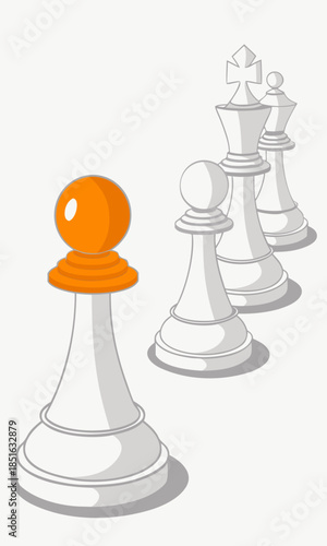 Unique pawn with colorful top stands out from traditional chess pieces.