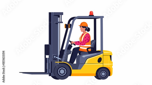 Woman operating a forklift in a warehouse setting from a side viewpoint