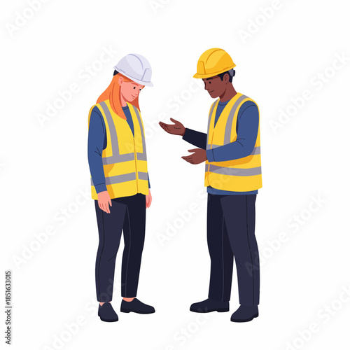 Two workers in safety vests and hard hats discussing on a construction site.