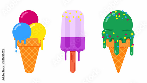 Colorful ice cream cones and a popsicle on a white background, depicting a sweet summer treat.