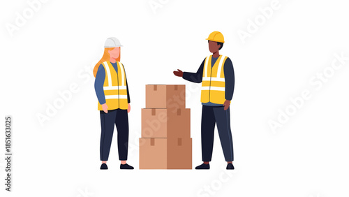 Two workers in safety vests and hard hats discussing beside stacked boxes in a warehouse setting