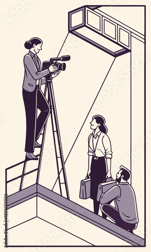 Woman filming on a ladder with crew members below.