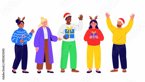 People celebrating a festive occasion together, wearing casual clothing and accessories, in a joyful atmosphere, from a straightforward viewpoint.