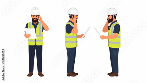 Engineer inspecting construction site plans while communicating on phone and reviewing documents