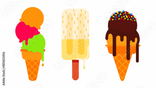 Variety of colorful ice cream cones and a popsicle on a clean background
