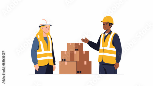 Two workers in safety vests and hard hats examining cardboard boxes in a warehouse setting