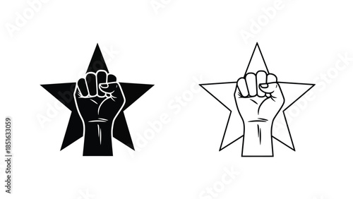 Black raised fist protest symbol inside a five-pointed star shape