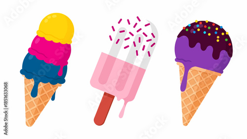 Colorful ice cream cones and popsicle on a sweet summer day