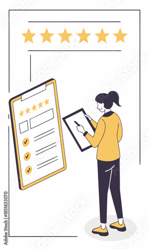 Woman giving feedback on a survey form with star ratings.