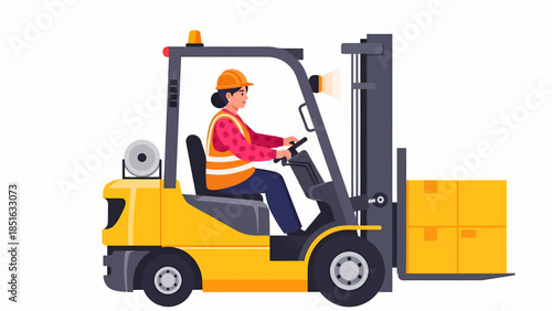 A worker operating a forklift with crates in a warehouse setting