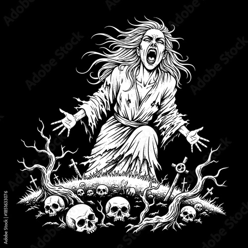 Screaming Woman Rises From Graveyard Surrounded by Skulls and Gnarled Trees.