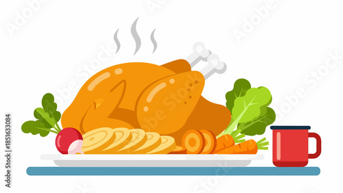 Roasted turkey served with vegetables and sauce on a plate