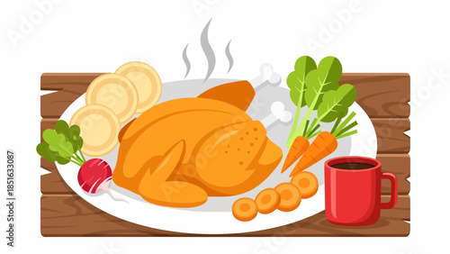 A delicious roasted chicken served with steaming vegetables and potatoes on a wooden table