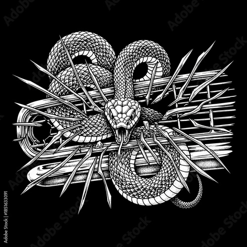 Aggressive Snake Ready to Strike with Sharp Spikes.