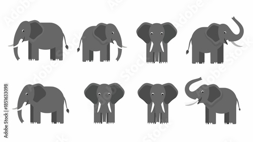 Collection of various elephant illustrations in different poses displayed on a white background