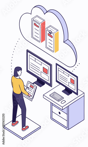 Woman working with cloud computing and data storage.