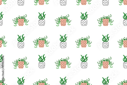 Seamless floral pattern. Various flower pots with houseplants. Pink, black and green color. For background, packaging, textiles, wallpapers or websites. Flat cartoon design.
