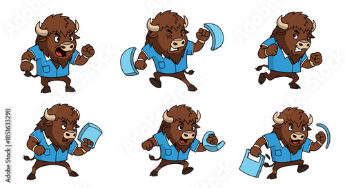 Cartoon Bison Character Holding Medical Supplies.