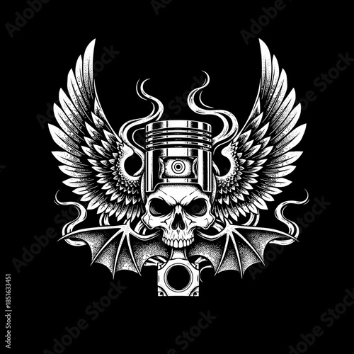 Winged Skull Piston Emblem Motorcycle Biker Club Design.
