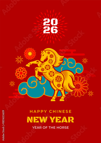 Chinese New Year 2026 greeting banner with minimal design. Traditional patterns, horse silhouette, turquoise clouds, text on red background. Year of the horse. Vector illustration