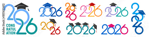 Class of 2026,  set of logo, badges for congratulations graduates, or other education events, with academic hat and numbers for high school, university, college graduation. Vector illustration