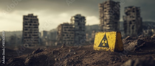 The radioactive warning sign in a desolate postapocalyptic urban ruin landscape