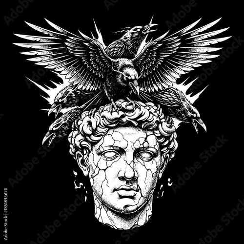 Ancient bust with ravens perched on head and wings spread wide.