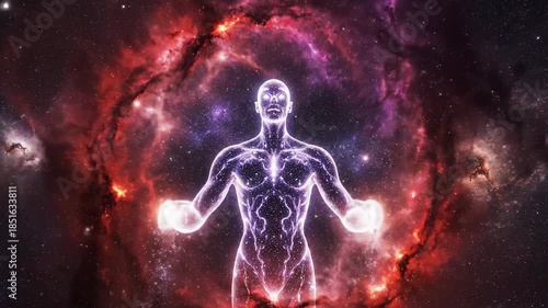Majestic Celestial Being Embodied in Crimson Nebulae and Stardust, a Cosmic Entity of Light and Energy