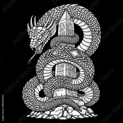 Intricate Serpent Coiled Around Ancient Egyptian Obelisk Detailed Illustration.