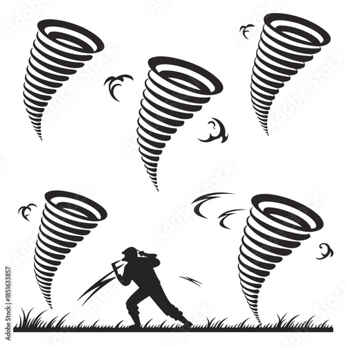 Illustration of tornadoes with a photographer